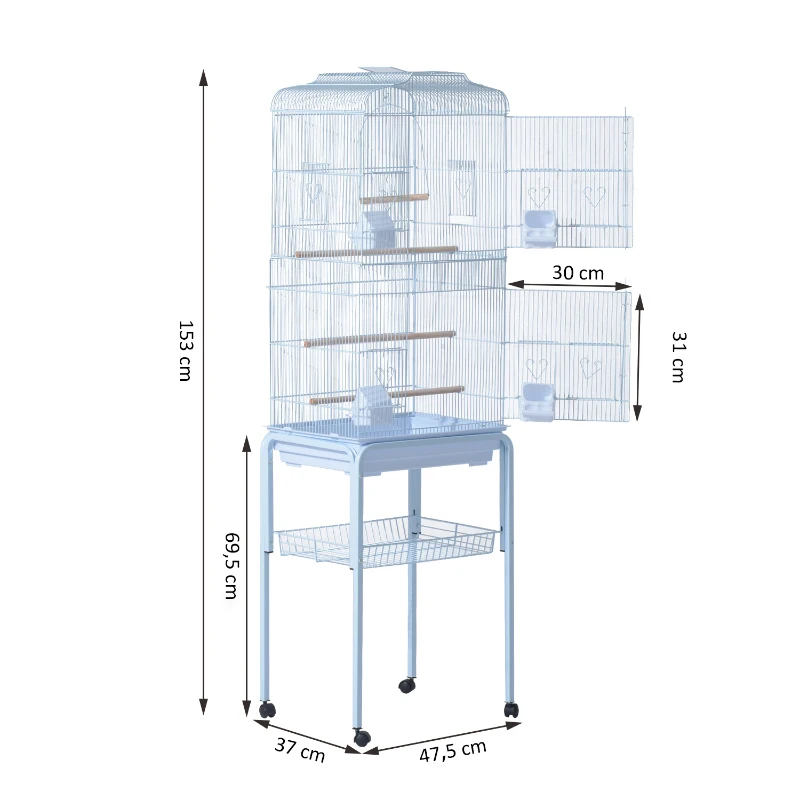 PawHut® KLATKA DLA PTAKÓW WOLIERA DLA PAPUG PAPUŻKA FALISTA Z RUCHOMYM STOJAKIEM biała 47,5x37x153 cm