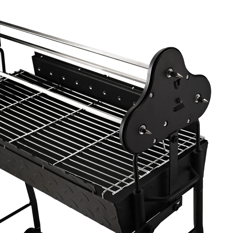 Outsunny® GRILL WĘGLOWY NA KÓŁKACH BBQ ROŻEN OBROTOWY REGULOWANY stal szlachetna czarny