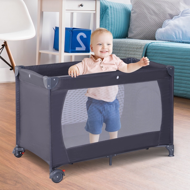 HOMCOM® ŁÓŻECZKO DZIECIĘCE PODRÓŻNE SKŁADANE MATERAC + KÓŁKA TORBA czarne 120 x 60 x 75 cm