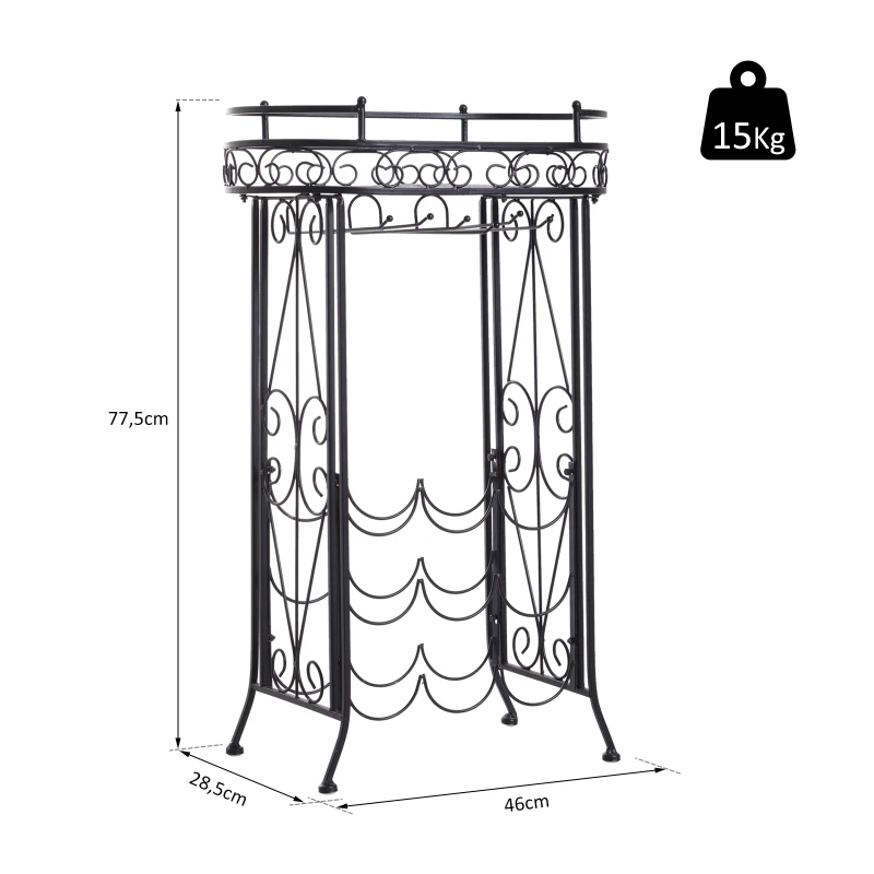 HOMCOM® REGAŁ NA WINO BUTELKI STOJAK NA 9 BUTELEK I KIELISZKI metal czarny 28,5 x 46 x 77,5 cm