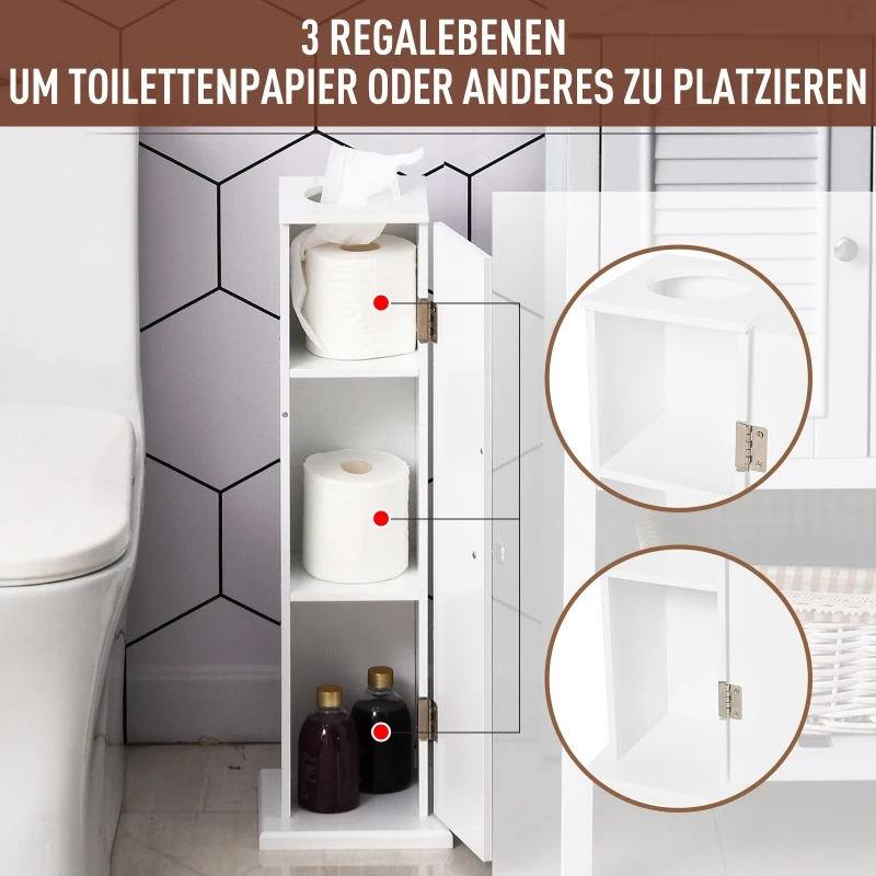 HOMCOM Szafka łazienkowa Szafka z półkami Szafka do łazienki Meble łazienkowe z 3 poziomami, MDF, biała, 19,5 x 19,5 x 65 cm