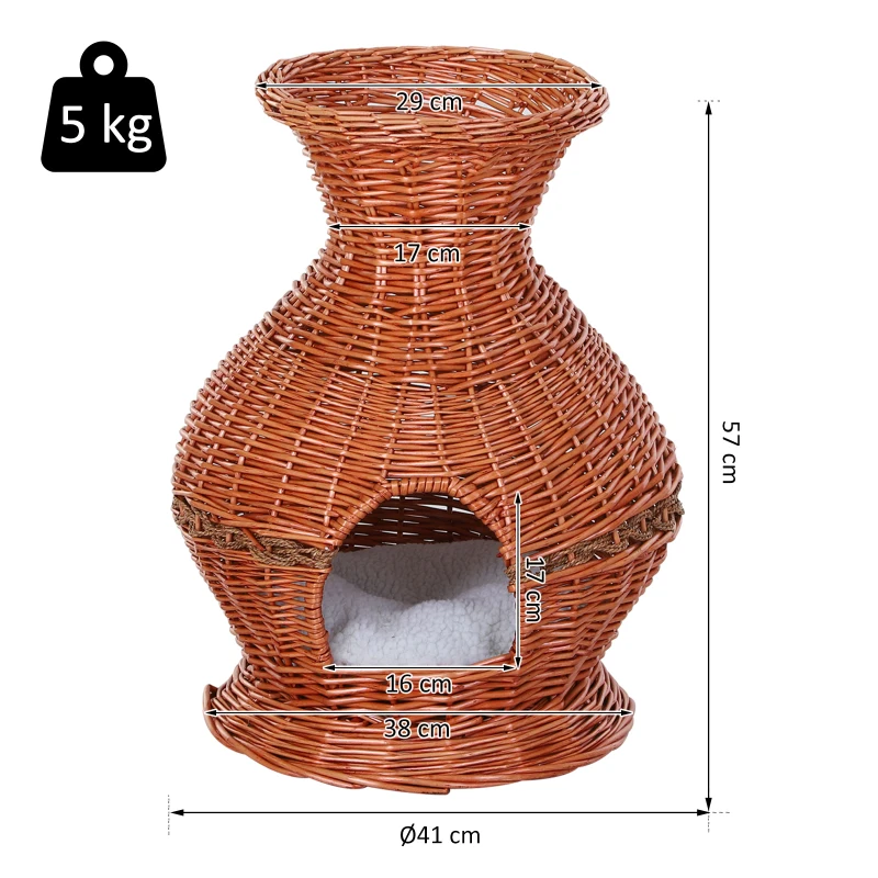 PawHut® Domek dla Kota Drapak Koszyk z Poduszką Kształt Wazonu Wiklina Brązowy