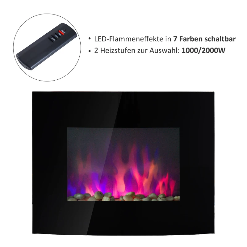 HOMCOM KOMINEK ELEKTRYCZNY SZKLANY LED 1000/2000 W czarny