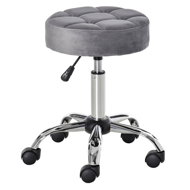 HOMCOM krzesło do salonu na kółkach stołek na kółkach z regulacją wysokości obrotowy hoker do salonu aksamitny dotyk pianka chromowana podstawa szary 35 x 35 x 49-61 cm