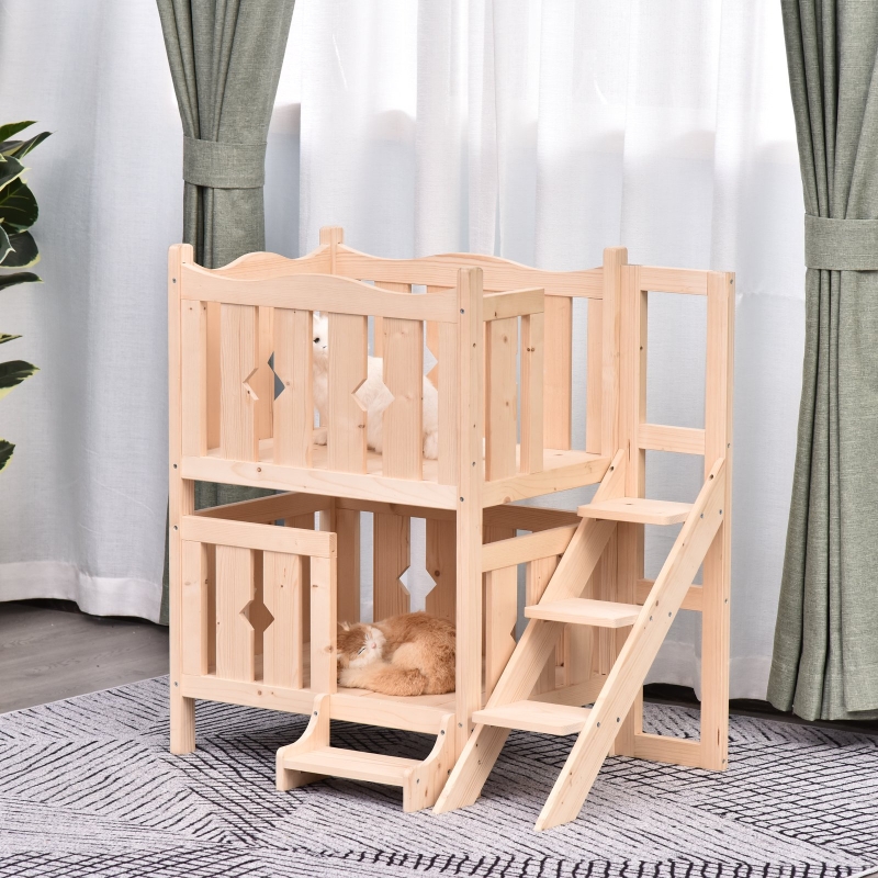 PawHut® Domek Łóżko dla Kota 2 Poziomy Legowisko dla Szczeniąt Schodki Drewno Jodłowe
