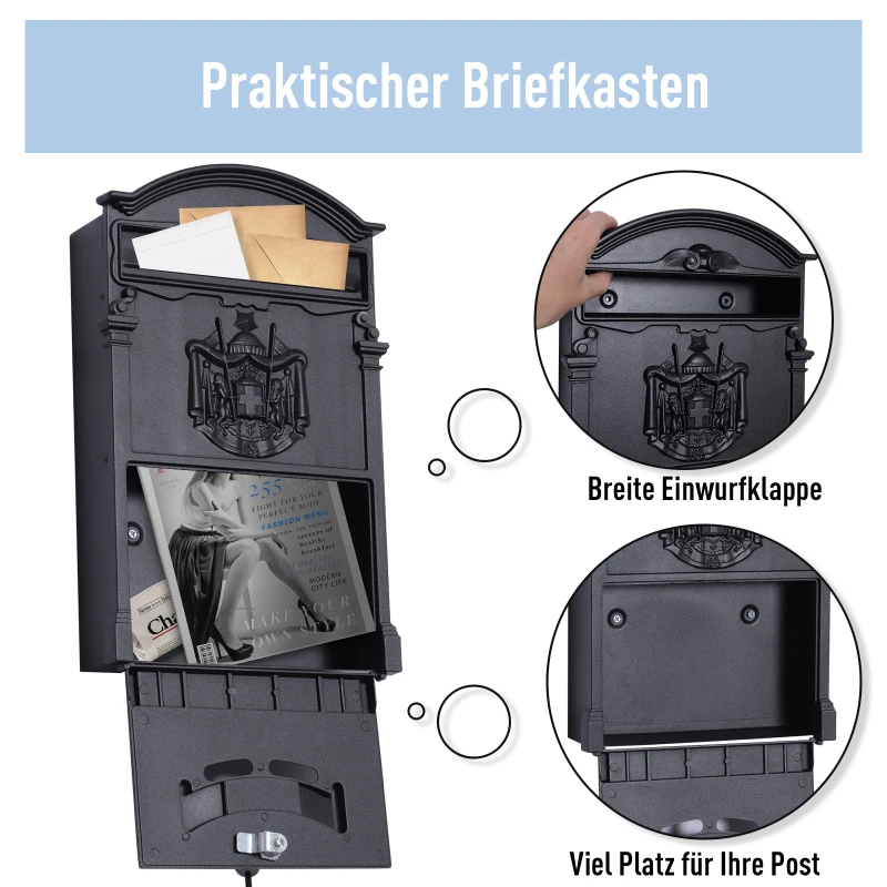 HOMCOM® SKRZYNKA NA LISTY ZAMYKANA Z OCHRONNĄ KLAPKĄ 2 KLUCZE ALUMINIOWA czarna 25,5 x 8,5 x 41 cm