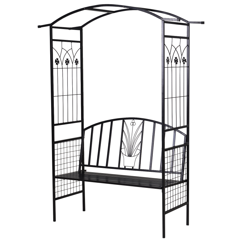 Outsunny łuk ogrodowy z ławką brama kratka pergola do roślin pnących ogród daszek łukowy metal czarny 152 x 58 x 207 cm