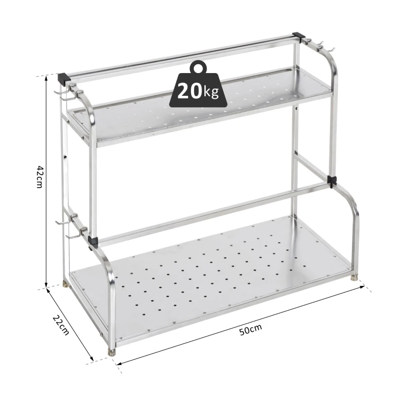 HOMCOM® REGAŁ KUCHENNY STOJĄCY 2 PÓŁKI 6 HAKÓW MULTIFUNKCYJNY srebrny