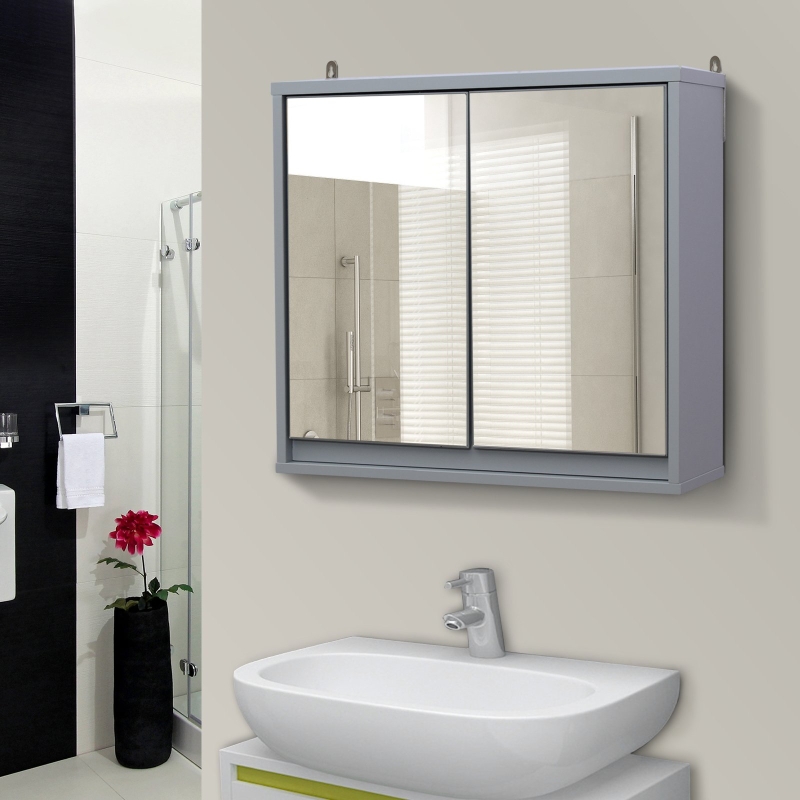 HOMCOM® SZAFKA ŁAZIENKOWA WISZĄCA ŚCIENNA MEBLE ŁAZIENKOWE Z LUSTREM drewno szara 48 x 14,5 x 45 cm