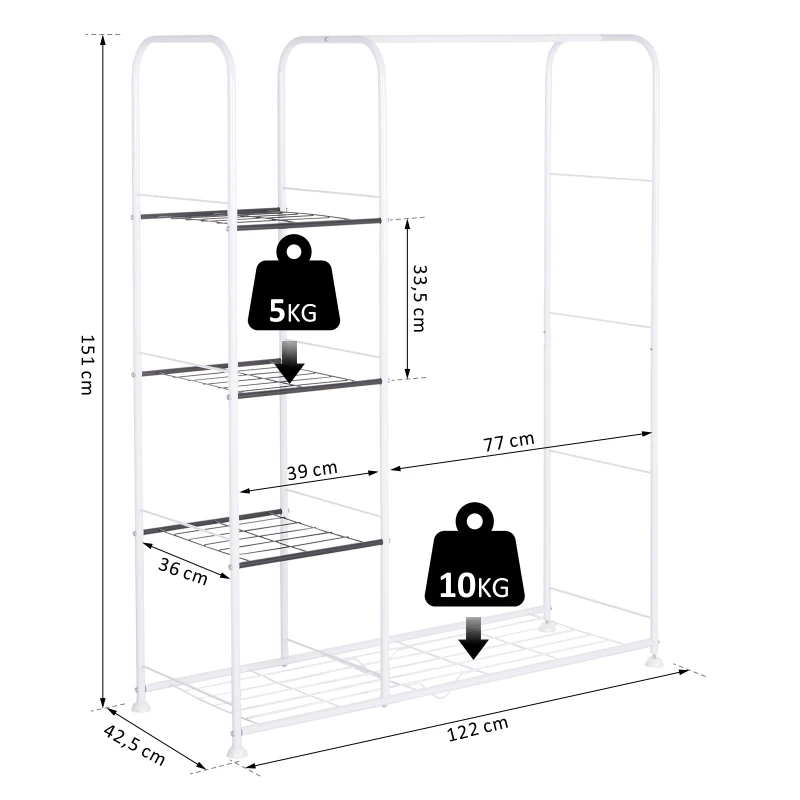 HOMCOM® Wieszak Stojak na Ubrania Garderoba Regał Szafa Metal Biały 122 x 42,5 x 151 cm
