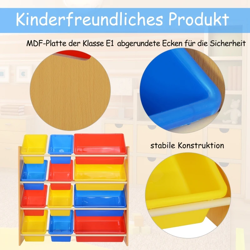 HOMCOM® REGAŁ DLA DZIECI POKÓJ DZIECIĘCY PRZECHOWYWANIE 12 SKRZYNEK ZAOKRĄGLONE BRZEGI kolorowy 86 x 26,5 x 78 cm