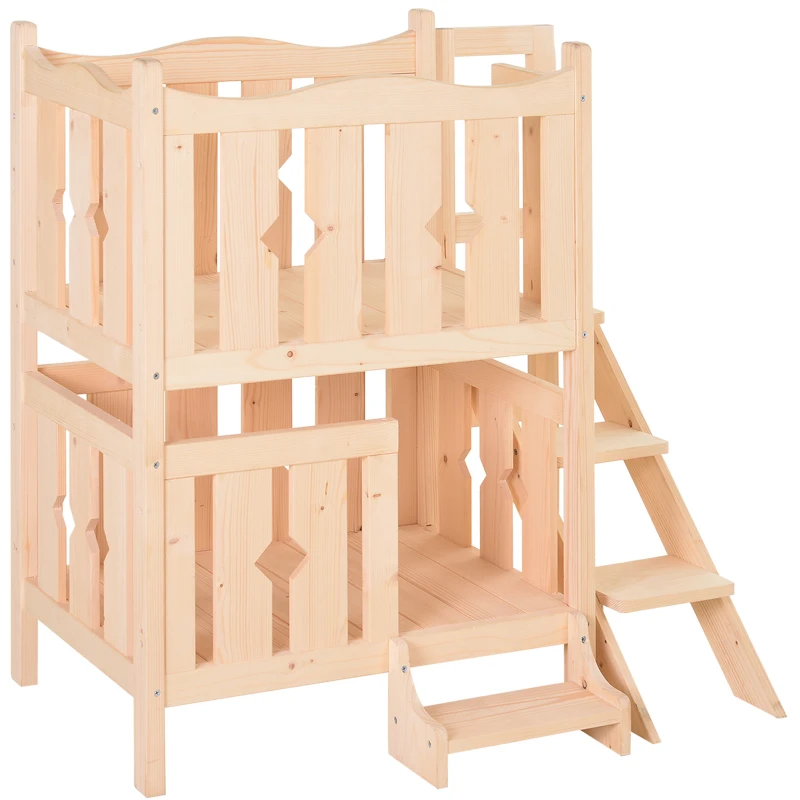 PawHut® Domek Łóżko dla Kota 2 Poziomy Legowisko dla Szczeniąt Schodki Drewno Jodłowe