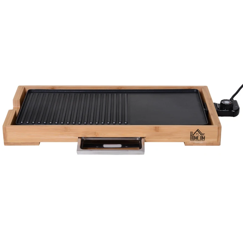 HOMCOM® Grill Elektryczny BBQ Stołowy Imprezowy 2200 W 5 Temperatur Metal Bambus