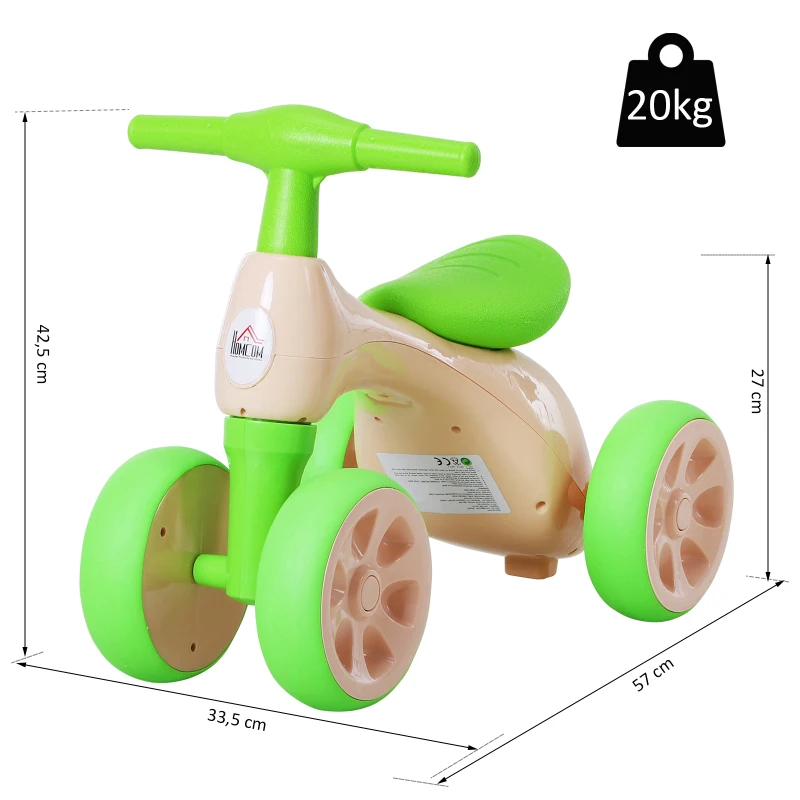 Homcom® Rower Biegowy Równowaga Bike 18-36 Miesięcy Dźwięk „bb” Cichy & Bezpieczny PP Zielony 57 X 33,5 X 42,5 cm