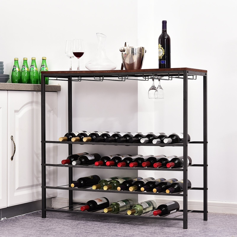 HOMCOM® REGAŁ NA WINO, STOJAK NA BUTELKI, UCHWYTY NA 40 BUTELEK & 24 KIELISZKI czarny METAL 96 X 35 X 91 cm