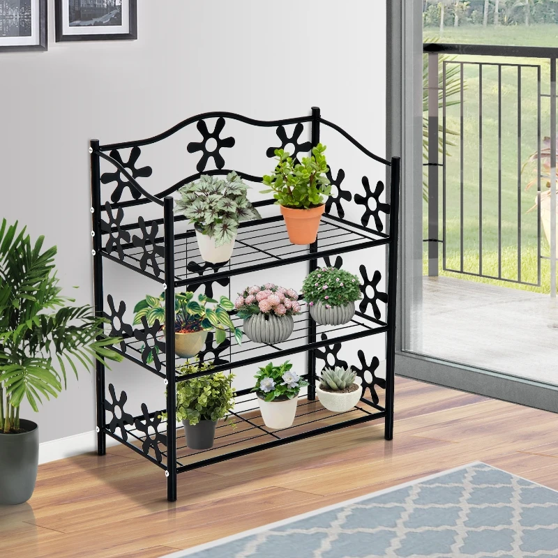 HOMCOM® SZAFKA NA BUTY REGAŁ METALOWY STOJĄCY STOJAK NA ROŚLINY 3-POZIOMOWY metal czarny 59 x 29,8 x 72 cm