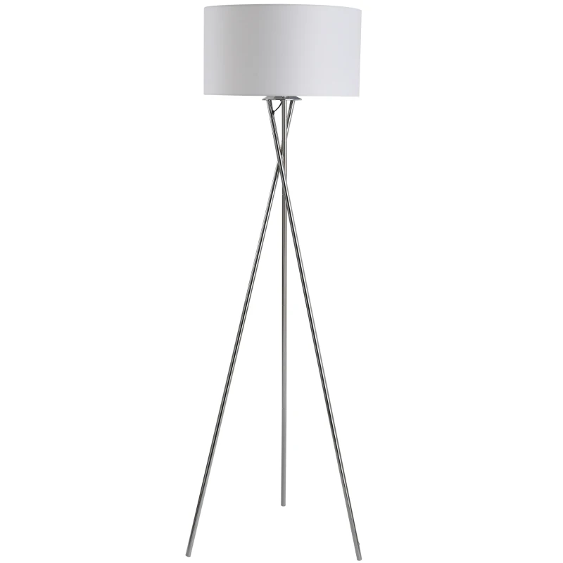 Lampa podłogowa HOMCOM, lampa stojąca z abażurem z tkaniny metalowa podstawa na trzech nogach, metal + PS + materiał (poliester, bawełna), kolor srebrny + biały 48 x 48 x 162 cm