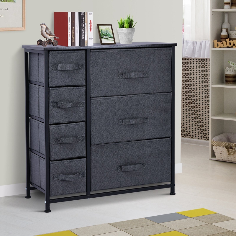 HOMCOM® SZAFKA DO PRZECHOWYWANIA Z 7 SKŁADANYMI TEKSTYLNYMI SZUFLADAMI METALOWY STELAŻ + DREWNO + LEN szara 63.5 x 30 x 71 cm