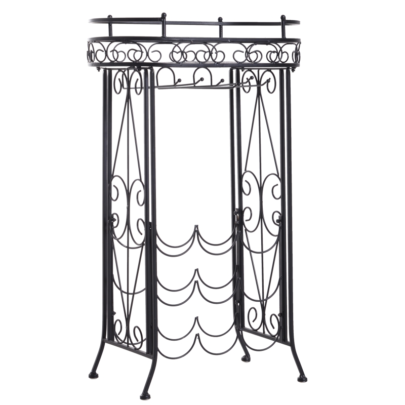 HOMCOM® REGAŁ NA WINO BUTELKI STOJAK NA 9 BUTELEK I KIELISZKI metal czarny 28,5 x 46 x 77,5 cm