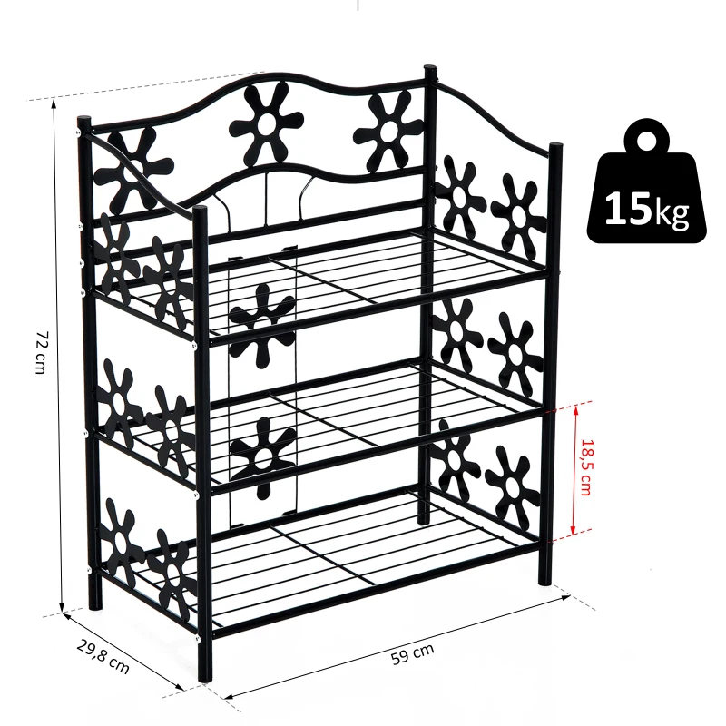HOMCOM® SZAFKA NA BUTY REGAŁ METALOWY STOJĄCY STOJAK NA ROŚLINY 3-POZIOMOWY metal czarny 59 x 29,8 x 72 cm