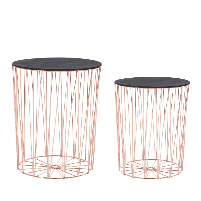 Stolik ze schowkiem HOMCOM, zestaw 2 szt., metalowy kosz z drewnianą pokrywą, stolik nocny, różowe złoto, Ø 40,7 x 49,5 cm, Ø 33,8 x 40,8 cm