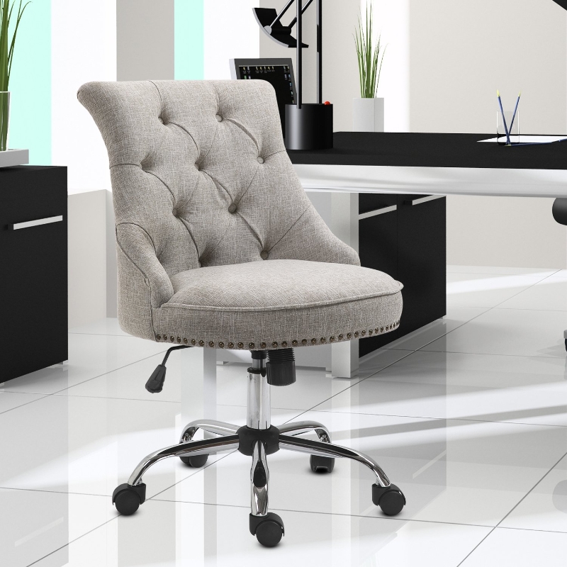 HOMCOM® FOTEL OBROTOWY KRZESŁO TAPICEROWANE FOTEL SZEFA MAKS OBCIĄŻENIE 150 kg REGULACJA WYSOKOŚCI len jasnoszary 54 x 65,5 x (84–91) cm