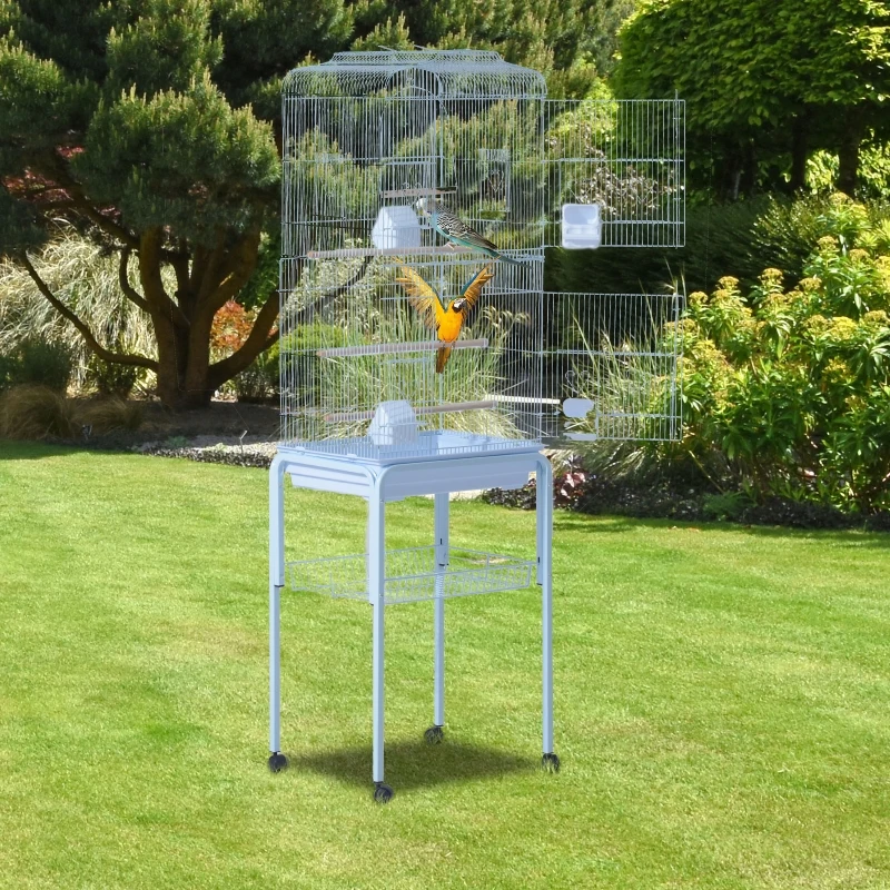 PawHut® KLATKA DLA PTAKÓW WOLIERA DLA PAPUG PAPUŻKA FALISTA Z RUCHOMYM STOJAKIEM biała 47,5x37x153 cm