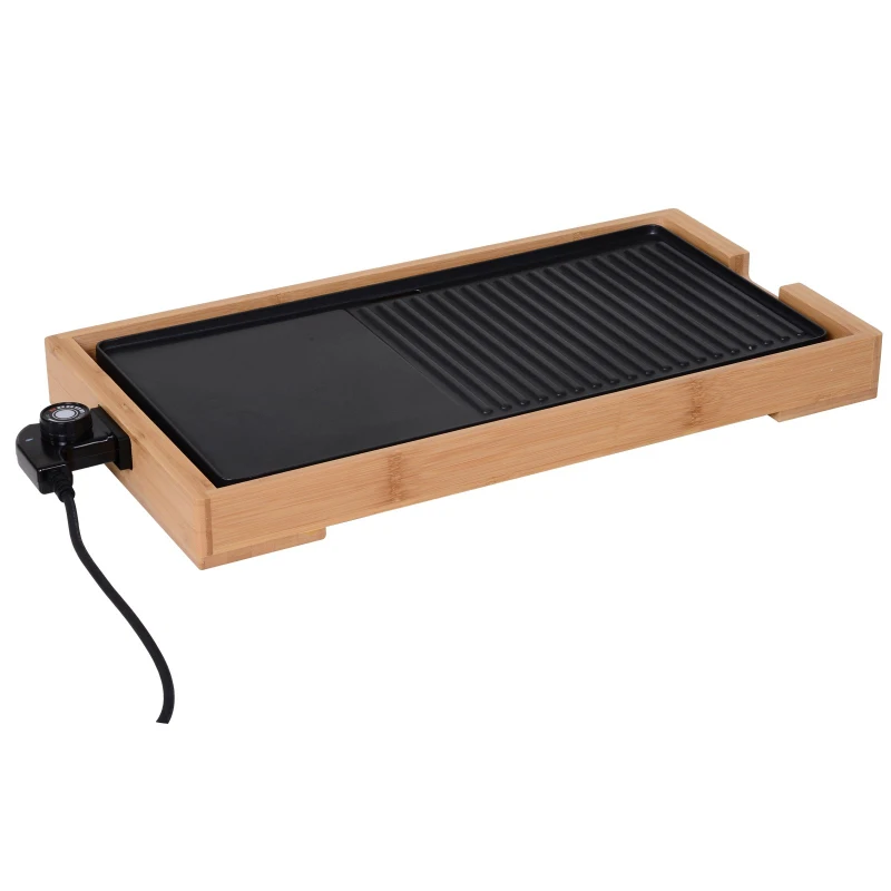 HOMCOM® Grill Elektryczny BBQ Stołowy Imprezowy 2200 W 5 Temperatur Metal Bambus