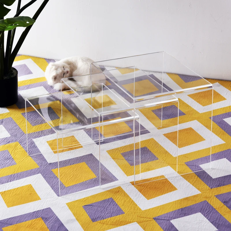 HOMCOM® STOLIK ZESTAW 3-CZĘŚCIOWY KAWOWY SZKLANY PRZEZROCZYSTE SZKŁO AKRYLOWE 32 x 30 x 24 cm/35 x 30 x 28 cm/38 x 30 x 32 cm