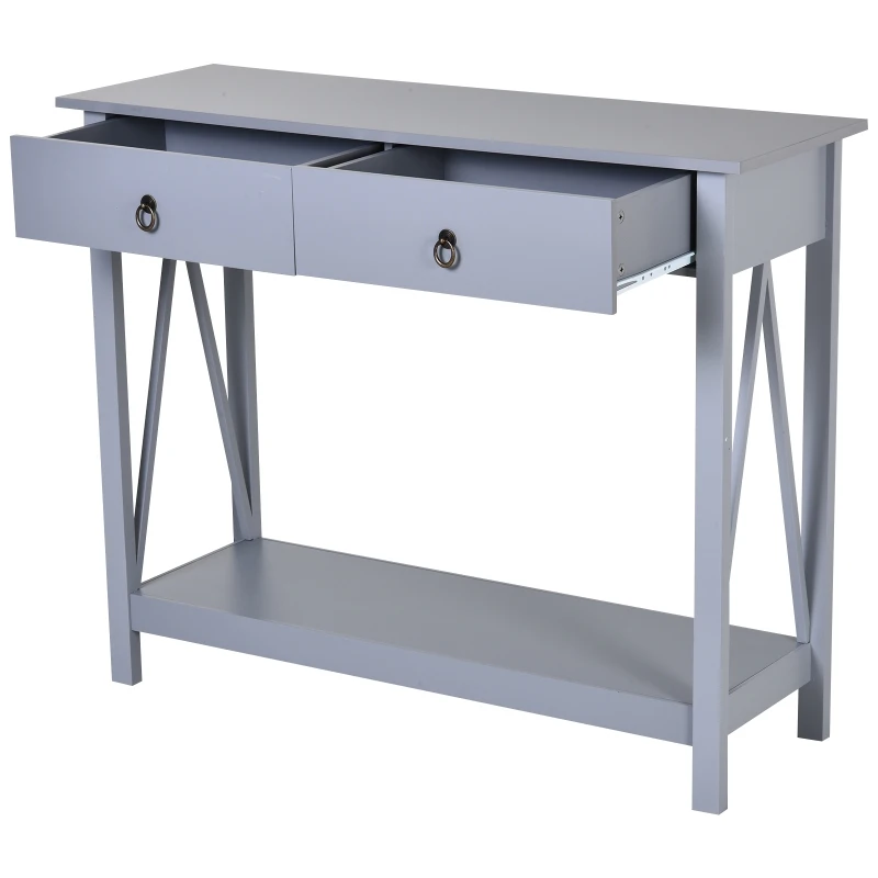 Homcom® Stolik Konsola z 2 Szufladami Kredens Przedpokój Lite Drewno Szary