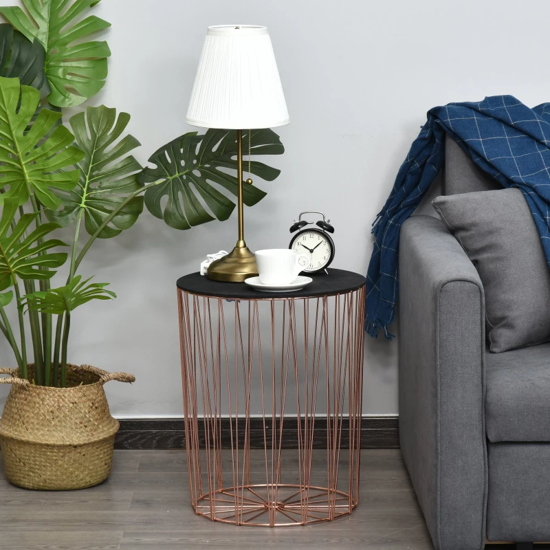 Stolik ze schowkiem HOMCOM, zestaw 2 szt., metalowy kosz z drewnianą pokrywą, stolik nocny, różowe złoto, Ø 40,7 x 49,5 cm, Ø 33,8 x 40,8 cm
