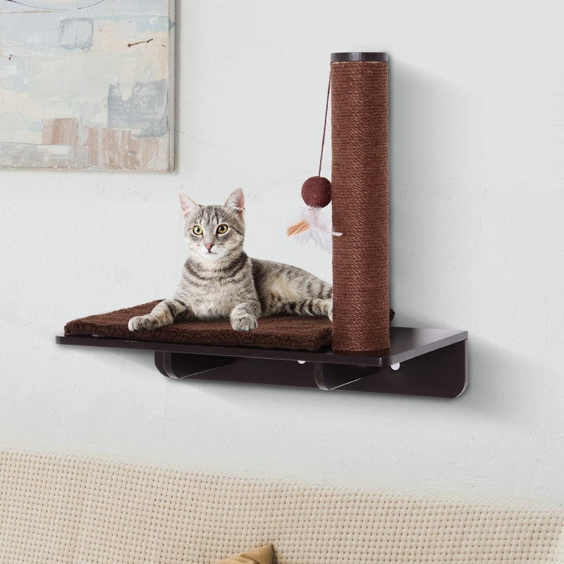 Pawhut® Drapak Drzewko dla Kota Leżanka Półka Montaż Ścienny Pluszowa Nakładka Mdf Brązowy 55 X 30 X 50 cm