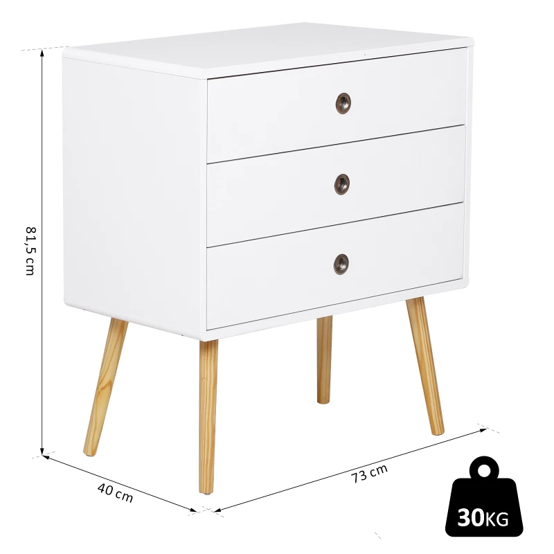 HOMCOM® SZAFKA NOCNA Z 3 SZUFLADAMI STOLIK SZAFKA DO PRZEDPOKOJU drewno biały 73 x 40 x 81,5 cm