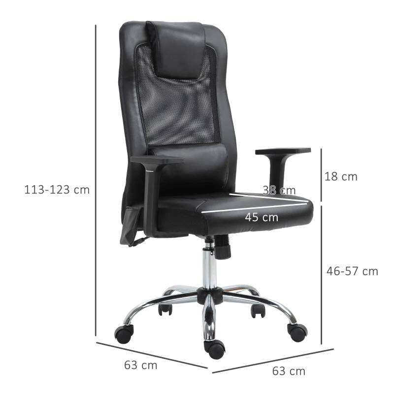 Vinsetto fotel do masażu, fotel biurowy z funkcją masażu, krzesło obrotowe z regulacją wysokości, ergonomiczne krzesło do gier, krzesło biurowe z masażem, poliuretan, metal, czarne, szer. 63 x 63 x 113-123 cm