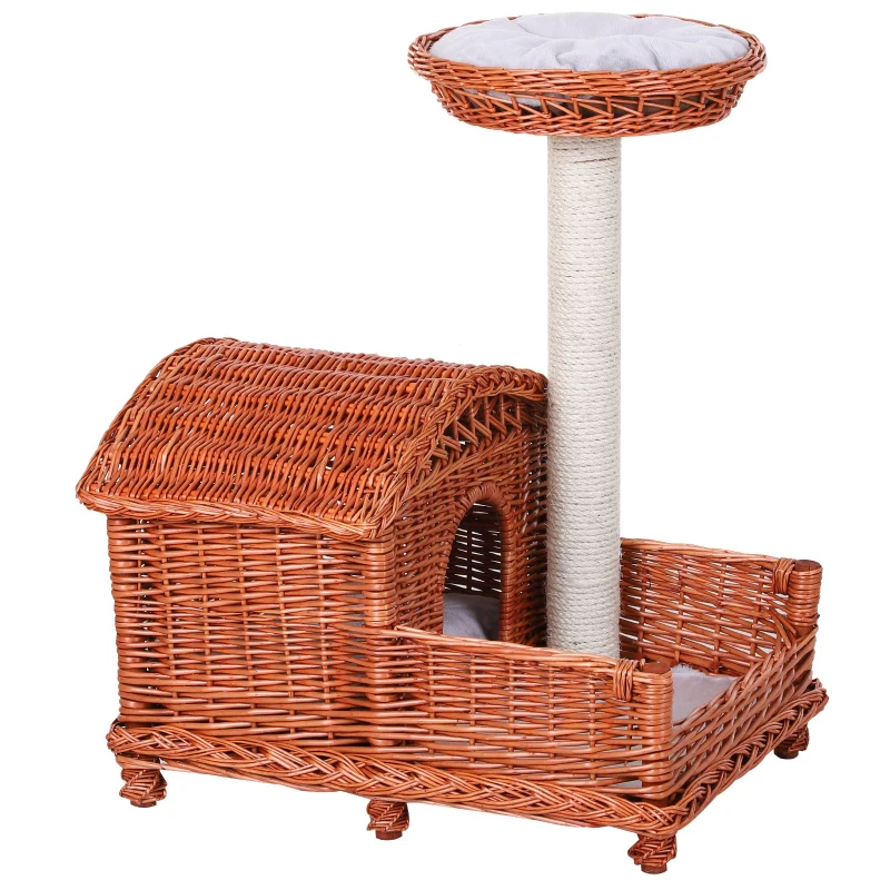 PawHut® Domek dla Kota Koszyk Drapak Sizalowy Ogród Platforma Wiklina Pomarańczowy