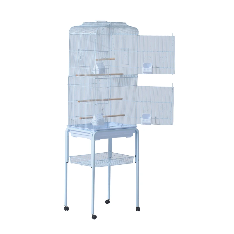 PawHut® KLATKA DLA PTAKÓW WOLIERA DLA PAPUG PAPUŻKA FALISTA Z RUCHOMYM STOJAKIEM biała 47,5x37x153 cm