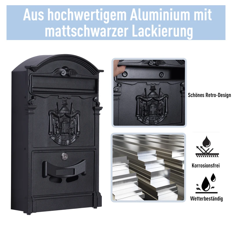 HOMCOM® SKRZYNKA NA LISTY ZAMYKANA Z OCHRONNĄ KLAPKĄ 2 KLUCZE ALUMINIOWA czarna 25,5 x 8,5 x 41 cm