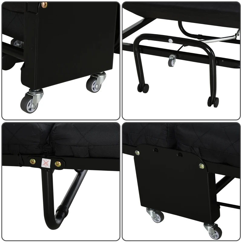 Składane łóżko dla gości Łóżko składane 2 w 1 regulowana wysokość wezgłowia na kółkach czarny