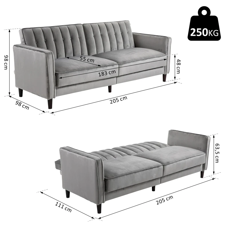 HOMCOM® SOFA ROZKŁADANA 3-OSOBOWA GRUBE OBICIE FLANELOWE METALOWY STELAŻ OBCIĄŻENIE 250 KG 205 x 98 x 98 cm