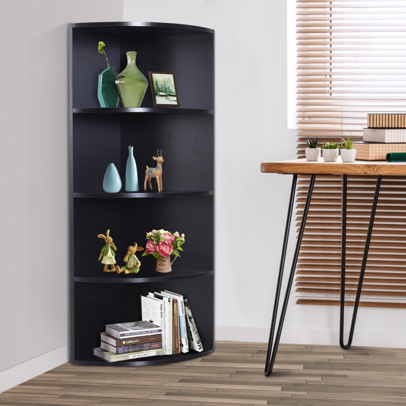 HOMCOM® REGAŁ Z PÓŁKAMI NAROŻNY STOJĄCY NA KSIĄŻKI DREWNIANY DEKORACYJNY Z 4 PÓŁKAMI czarny 39,5 x 39,5 x 120 cm