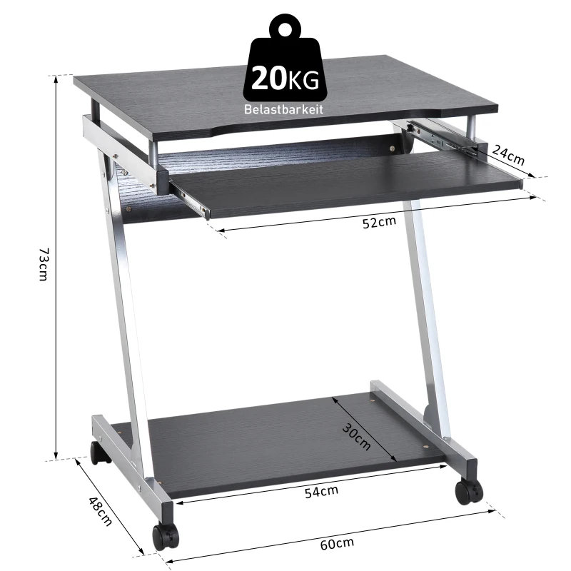 HOMCOM® BIURKO NA KÓŁKACH WYSUWANA PÓŁKA NA KLAWIATURĘ, stal czarne