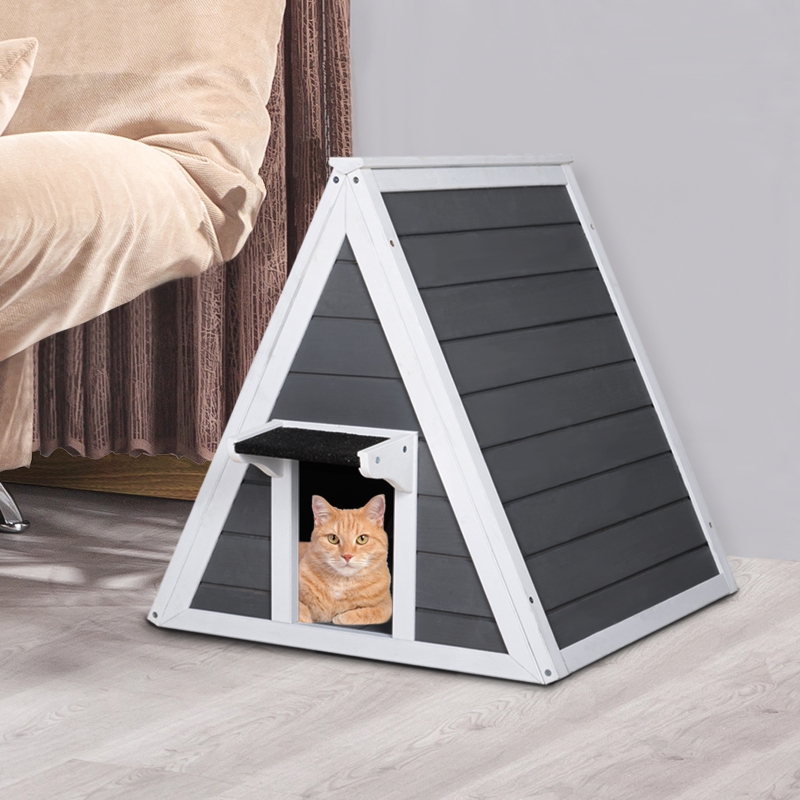 PawHut® Domek Dla Kota Trójkątny Otwór 2 Drzwi Lite Drewno Szary