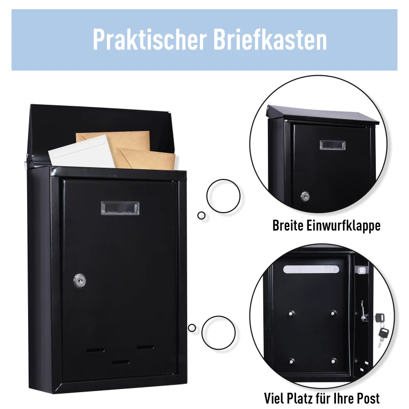 HOMCOM® SKRZYNKA NA LISTY MONTAŻ NA ŚCIANIE ZAMYKANA Z OCHRONNĄ KLAPKĄ 2 KLUCZE METALOWA antracyt 24 x 9,5 x 35.5 cm