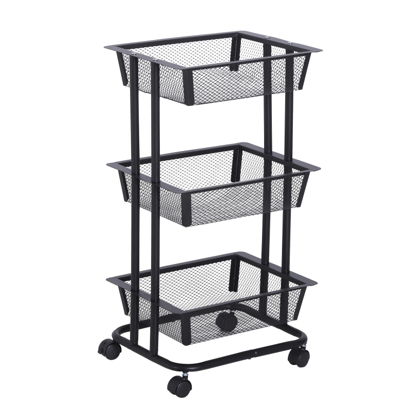 HOMCOM® WÓZEK KUCHENNY REGAŁ METALOWY WIELOFUNKCYJNY 3 KOSZYKI STAL WĘGLOWA czarny 40x30x79cm