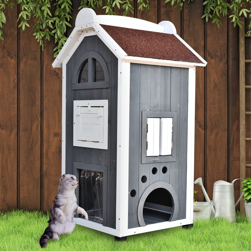 PawHut® Domek Budka Dla Kota 2-Piętrowa Willa Dach Asfaltowy Lite Drewno Szary 59 x 55 x 109 cm