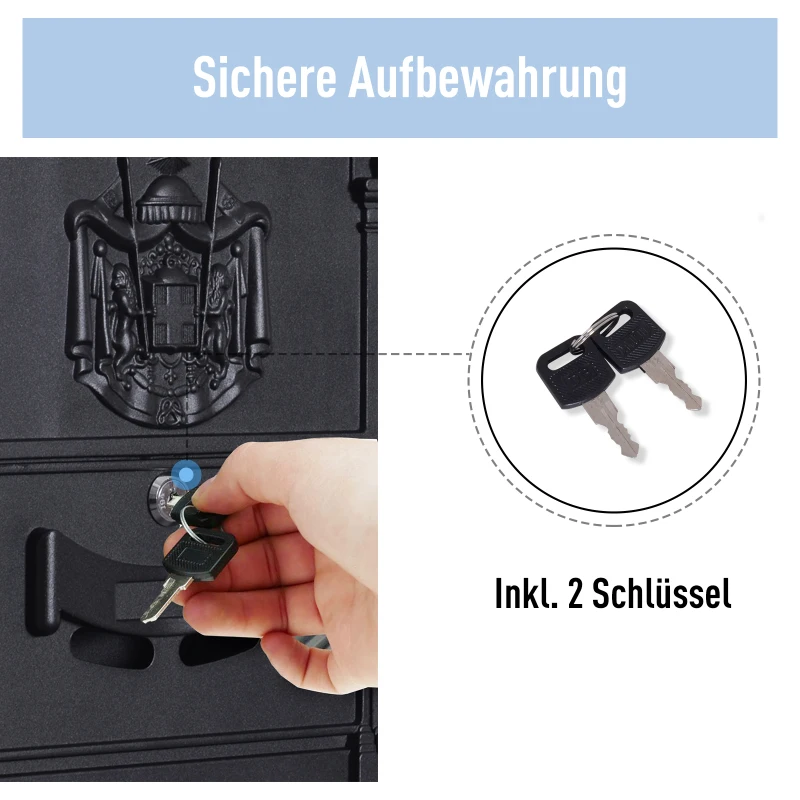 HOMCOM® SKRZYNKA NA LISTY ZAMYKANA Z OCHRONNĄ KLAPKĄ 2 KLUCZE ALUMINIOWA czarna 25,5 x 8,5 x 41 cm