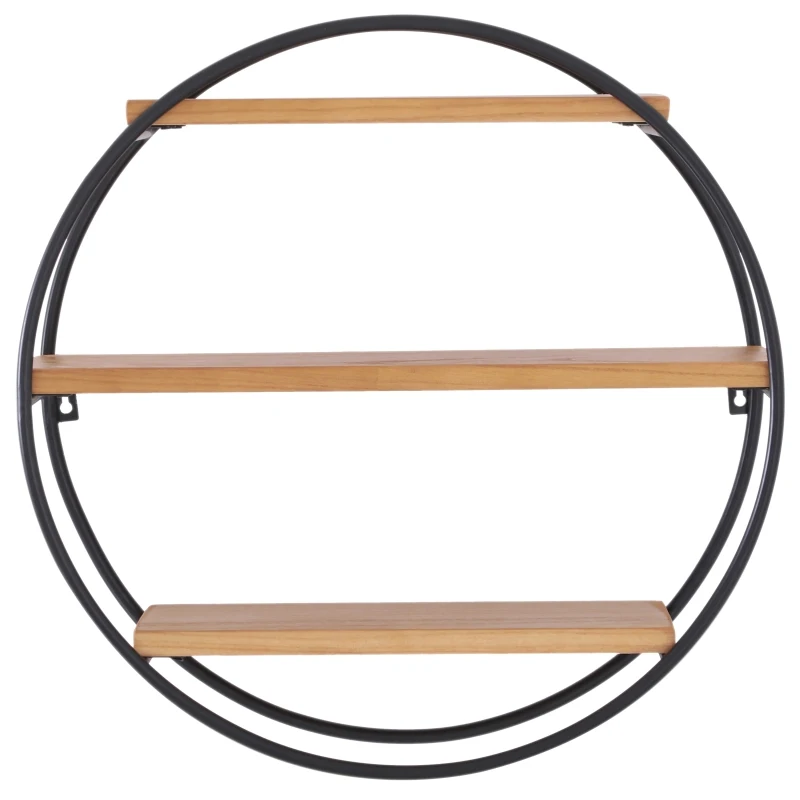 HOMCOM® REGAŁ ŚCIENNY WISZĄCY NA KSIĄŻKI OKRĄGŁY 3 PÓŁKI metal + drewno czarny + naturalny ∅50 x 19cm
