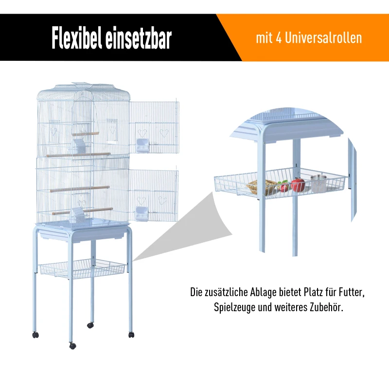 PawHut® KLATKA DLA PTAKÓW WOLIERA DLA PAPUG PAPUŻKA FALISTA Z RUCHOMYM STOJAKIEM biała 47,5x37x153 cm