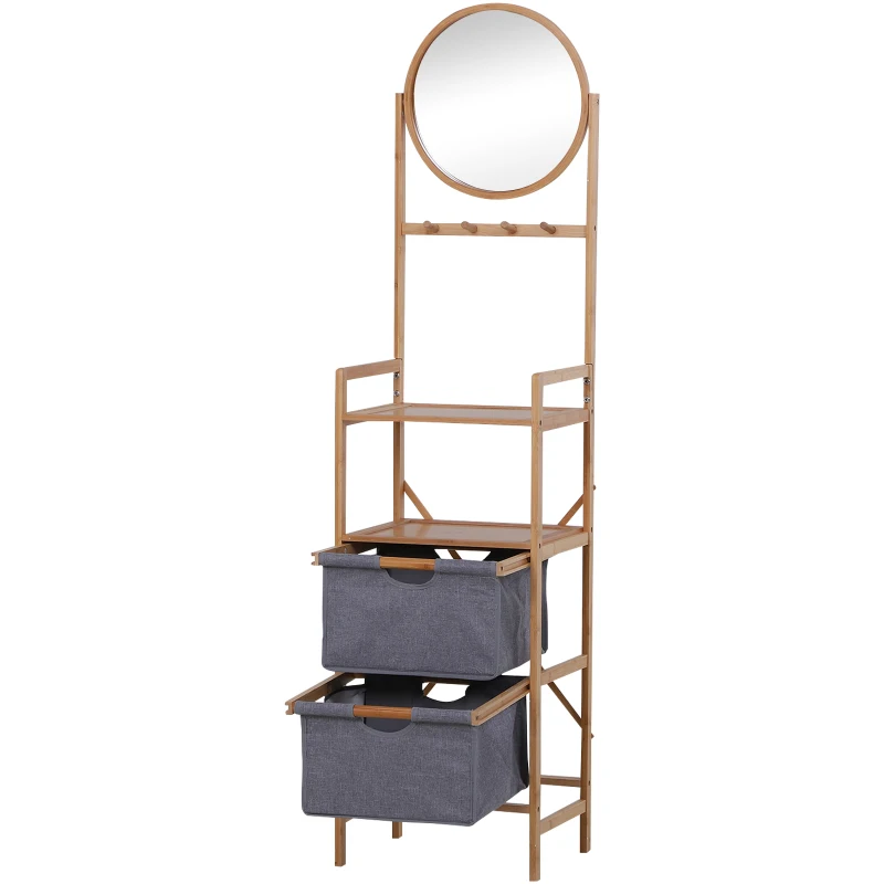 HOMCOM® Regał Łazienkowy Lustro 2 Szuflady Stojący 4 Haki Bambus Naturalny