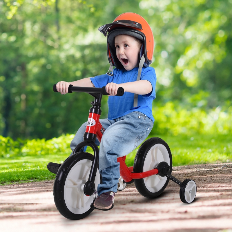 HOMCOM Rowerek biegowy dla dzieci, Chodzik, Rowerek dziecięcy, 2 w 1, Rower dziecięcy z kółkami podporowymi i pedałami, 2-5 lat, regulowana wysokość siodełka, PP, czerwony, 85 x szer. 36 x wys. 54 cm